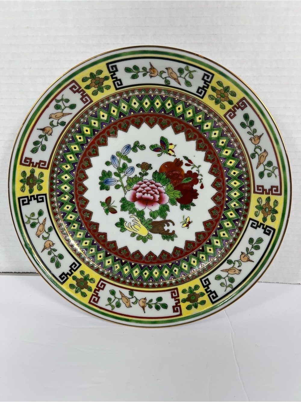 Chinese Porcelain Phoenix Peony Shallow Bowl 9.5” Butterflies Gold Accents